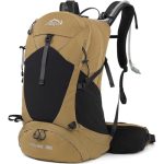 Tan and black 35L Outdoor Products Inoxto hydration backpack with adjustable straps and hydration bladder.